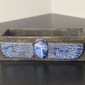 Vintage Egyptian Winged Scarab Bronze Tone Trinket Box - No Lid